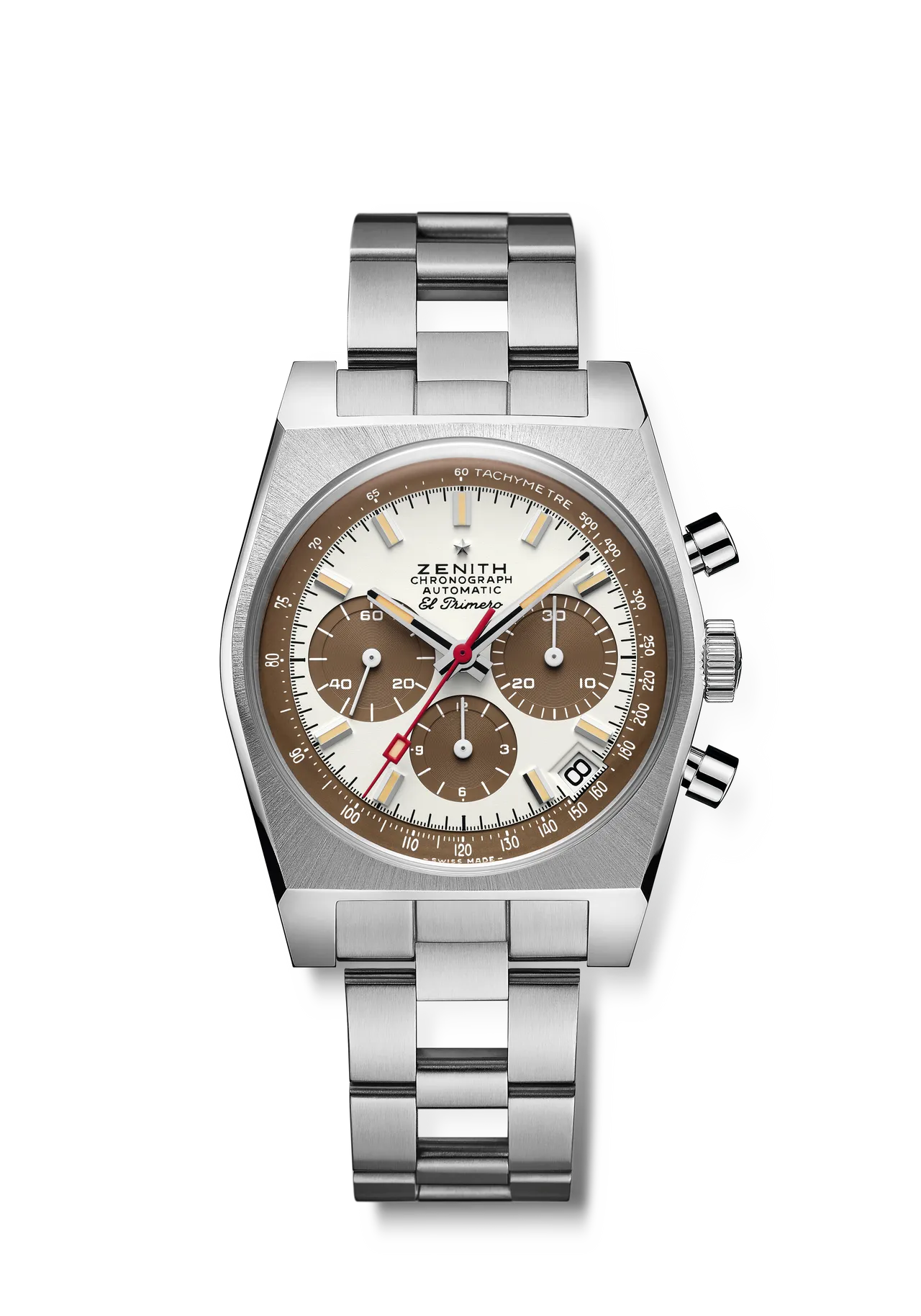 ZENITH CHRONOMASTER Revival A384 Tropical熱帶面復刻腕錶，37mm ，精鋼錶殼 ，白色漆面與棕色計時盤 ，精鋼「ladder」梯形錶鏈 ，El Primero 400自動上鏈機芯 ，動力儲存50小時，防水深度50米，32萬3900元。品牌提供