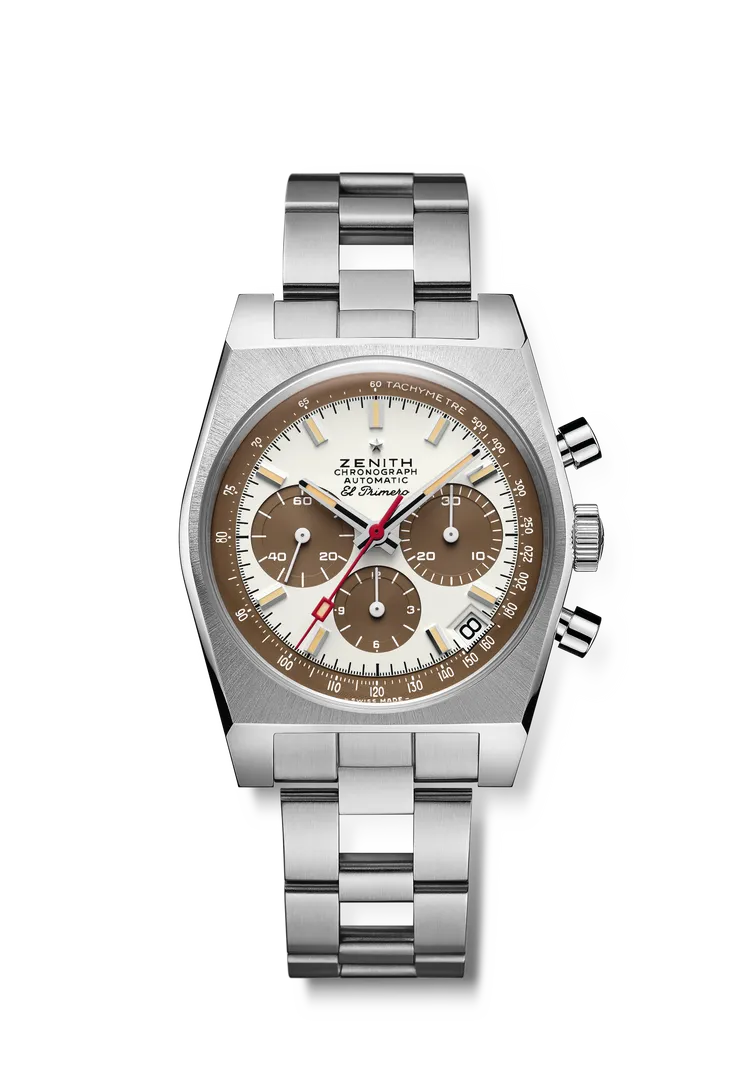 ZENITH CHRONOMASTER Revival A384 Tropical熱帶面復刻腕錶，37mm ，精鋼錶殼 ，白色漆面與棕色計時盤 ，精鋼「ladder」梯形錶鏈 ，El Primero 400自動上鏈機芯 ，動力儲存50小時，防水深度50米，32萬3900元。品牌提供