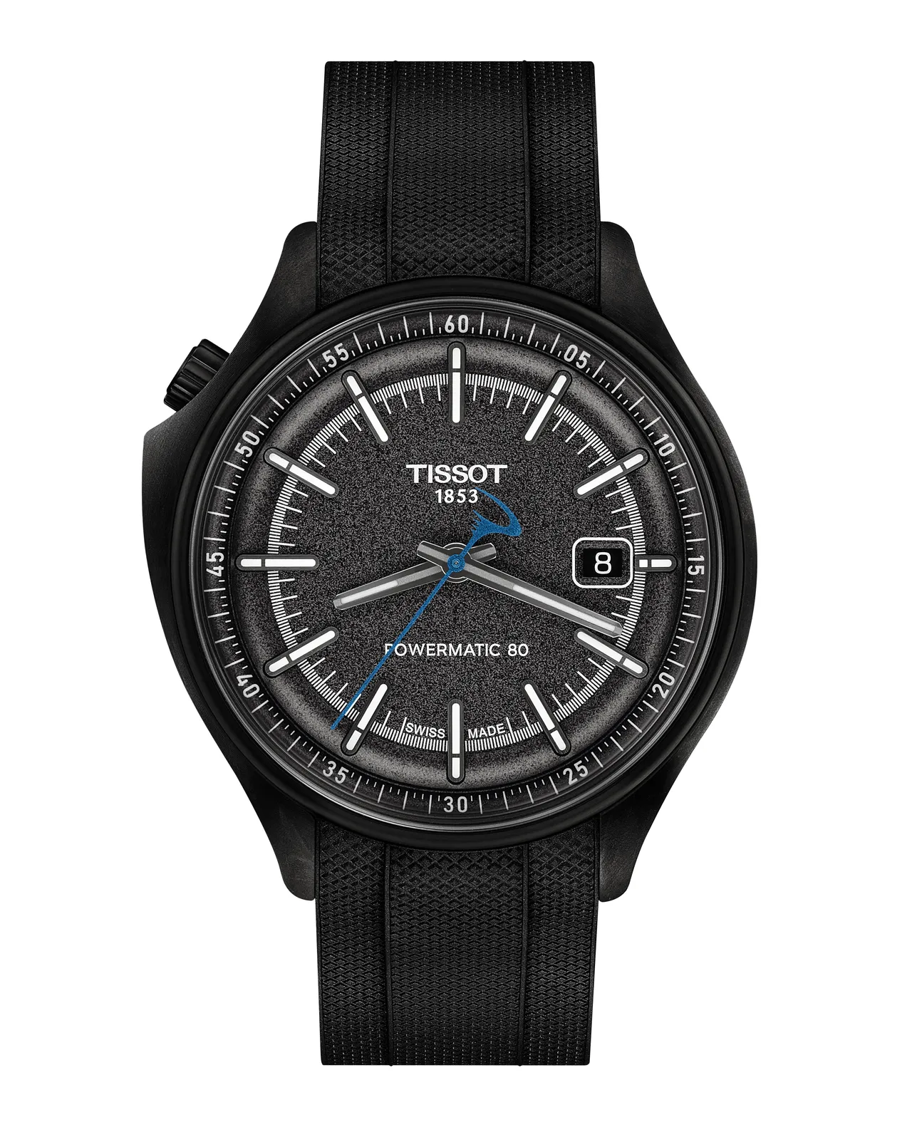 Tissot x Pinarello特別版聯名腕錶，42mm鍛造碳與316L精鋼材質錶殼，黑色橡膠錶帶，Powermatic 80自動上鍊機芯，動力儲存80小時、100米防水，全球限量50只，5萬2500元。品牌提供