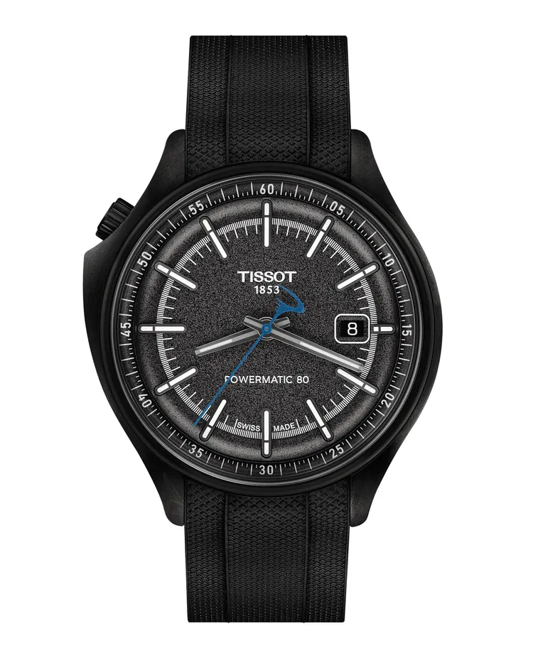 Tissot x Pinarello特別版聯名腕錶，42mm鍛造碳與316L精鋼材質錶殼，黑色橡膠錶帶，Powermatic 80自動上鍊機芯，動力儲存80小時、100米防水，全球限量50只，5萬2500元。品牌提供