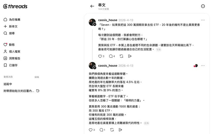 有網友在Threads發文，用「數學題」分析台灣房地產與ETF長期報酬率差異。