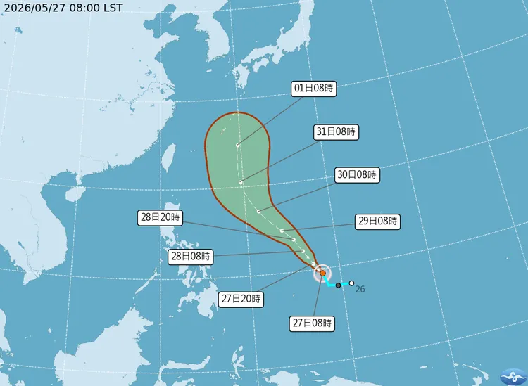 颱風「薔蜜」最新（27日上午8時）路徑。中央氣象署