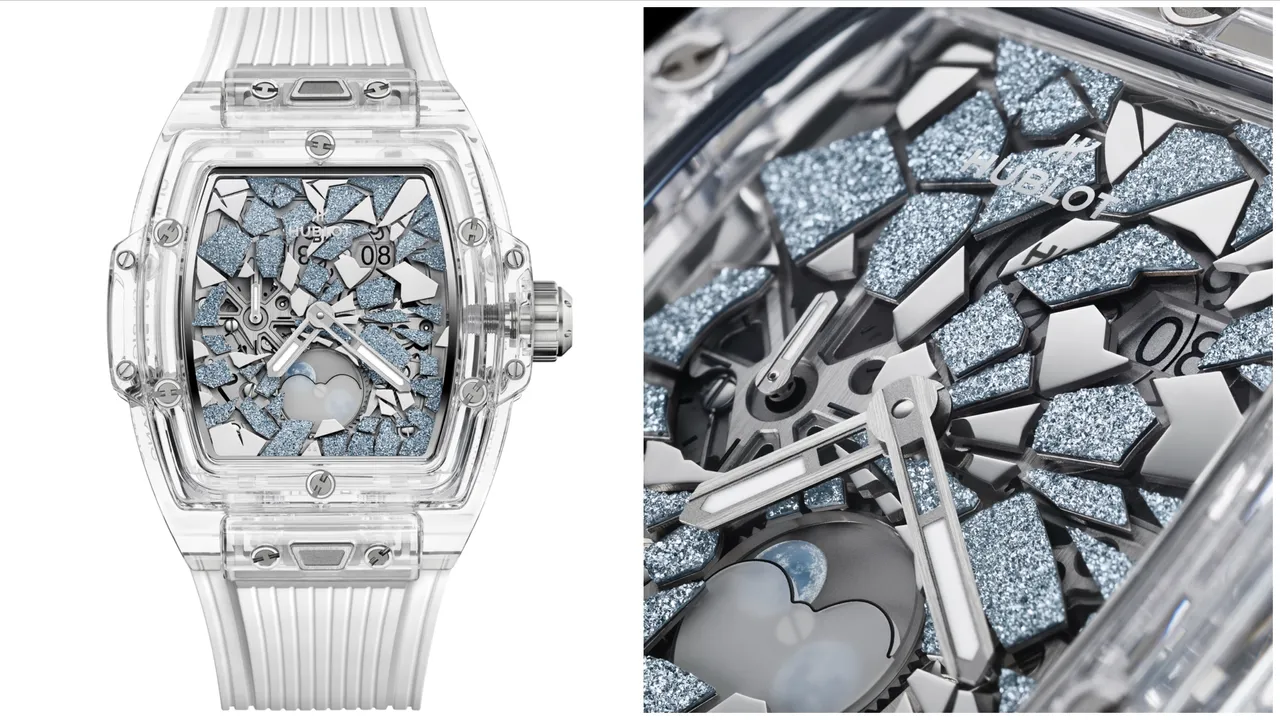 HUBLOT Spirit of Big Bang Impact藍寶石鋨晶體月相腕錶，42mm，拋光藍寶石水晶錶殼，拋光鍍銠立體時標交錯鋨晶體錶盤，白色內襯橡膠錶帶，HUB1770自動上鍊鏤空月相機芯，動力儲存50小時，防水深度50米，限量30只，338萬7000元。品牌提供  
