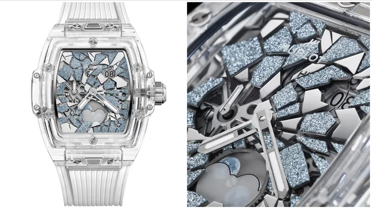 HUBLOT Spirit of Big Bang Impact藍寶石鋨晶體月相腕錶，42mm，拋光藍寶石水晶錶殼，拋光鍍銠立體時標交錯鋨晶體錶盤，白色內襯橡膠錶帶，HUB1770自動上鍊鏤空月相機芯，動力儲存50小時，防水深度50米，限量30只，338萬7000元。品牌提供  