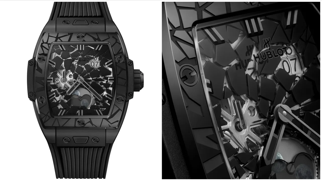 HUBLOT Spirit of Big Bang Impact極致黑陶瓷月相腕錶，42mm，微噴砂與拋光黑陶瓷錶殼，拋光鍍黑立體時標與刻度錶盤，黑色內襯橡膠錶帶，HUB1770自動上鍊鏤空月相機芯，動力儲存50小時，防水深度50米，限量100只，99萬9000元。品牌提供  