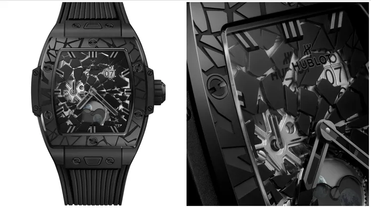 HUBLOT Spirit of Big Bang Impact極致黑陶瓷月相腕錶，42mm，微噴砂與拋光黑陶瓷錶殼，拋光鍍黑立體時標與刻度錶盤，黑色內襯橡膠錶帶，HUB1770自動上鍊鏤空月相機芯，動力儲存50小時，防水深度50米，限量100只，99萬9000元。品牌提供  