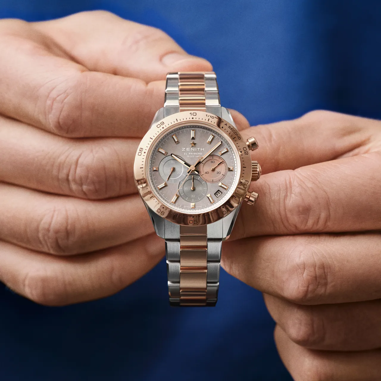 ZENITH CHRONOMASTER SPORT時計大師雙色運動腕錶，41mm，精鋼及18K玫瑰金錶殼，珍珠貝母錶盤，精鋼及18K玫瑰金錶鏈（隨附黑色橡膠錶帶），El Primero 3600高振頻自動上鏈機芯，動力儲存60小時，防水100米，限量50只，65萬1500元。品牌提供