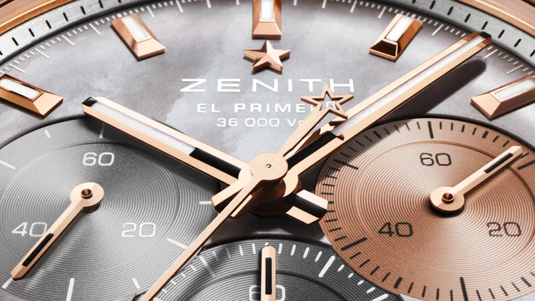 ZENITH CHRONOMASTER SPORT時計大師雙色運動腕錶，41mm，精鋼及18K玫瑰金錶殼，珍珠貝母錶盤，精鋼及18K玫瑰金錶鏈（隨附黑色橡膠錶帶），El Primero 3600高振頻自動上鏈機芯，動力儲存60小時，防水100米，限量50只，65萬1500元。品牌提供