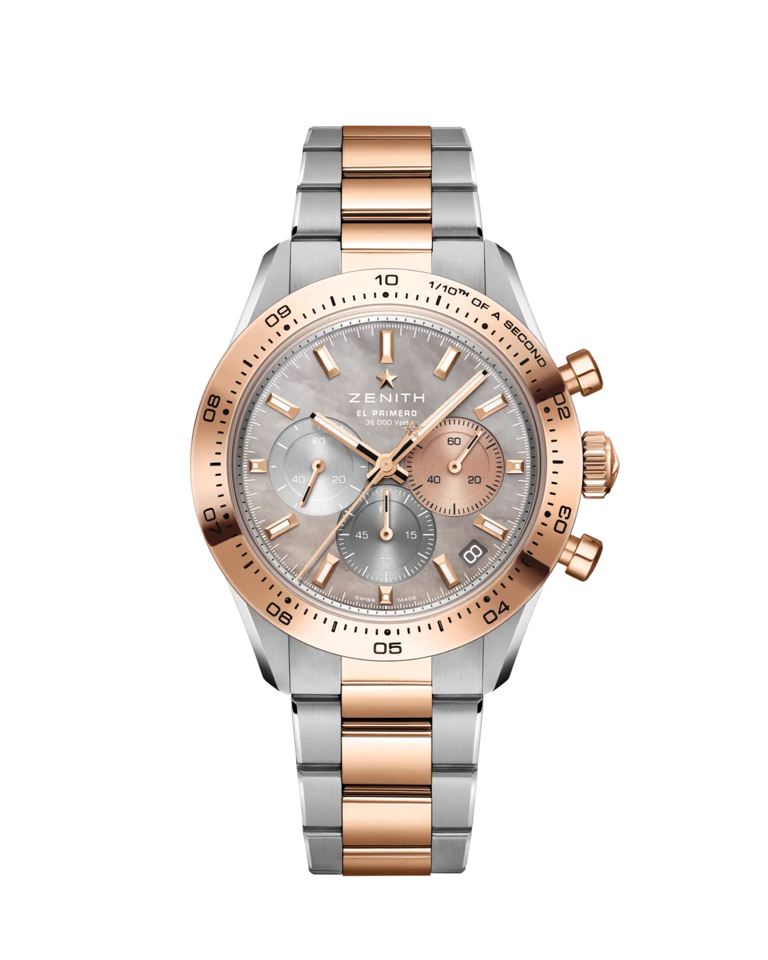 ZENITH CHRONOMASTER SPORT時計大師雙色運動腕錶，41mm，精鋼及18K玫瑰金錶殼，珍珠貝母錶盤，精鋼及18K玫瑰金錶鏈（隨附黑色橡膠錶帶），El Primero 3600高振頻自動上鏈機芯，動力儲存60小時，防水100米，限量50只，65萬1500元。品牌提供