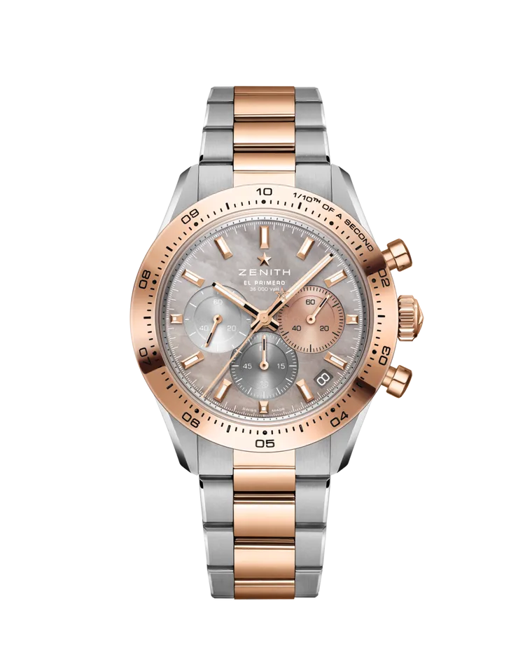 ZENITH CHRONOMASTER SPORT時計大師雙色運動腕錶，41mm，精鋼及18K玫瑰金錶殼，珍珠貝母錶盤，精鋼及18K玫瑰金錶鏈（隨附黑色橡膠錶帶），El Primero 3600高振頻自動上鏈機芯，動力儲存60小時，防水100米，限量50只，65萬1500元。品牌提供