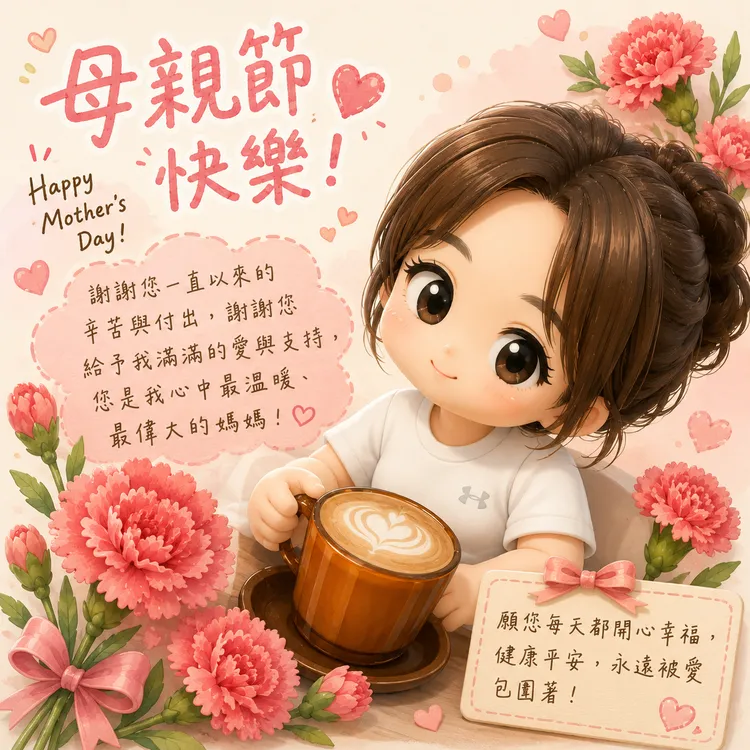 除了文字卡片外，也有不少人透過AI生成Q版公仔風格賀卡，搭配康乃馨與祝福語，替母親節增添更多儀式感與創意。AI生成示意圖