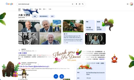 Google搜尋藏彩蛋！大衛艾登堡100歲生日　滿版動物幫慶生