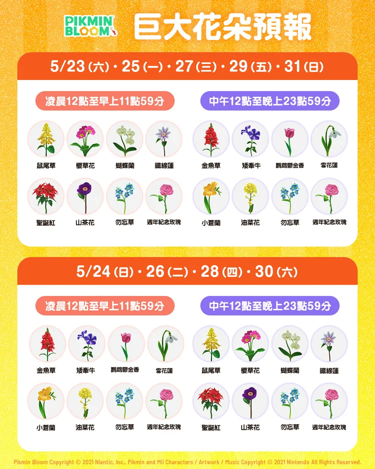 皮克敏公布社群週「巨大花朵預報」時間表，不同日期與時段將輪替綻放鼠尾草、蝴蝶蘭、金魚草、鸚鵡鬱金香等當季花朵。皮克敏官網