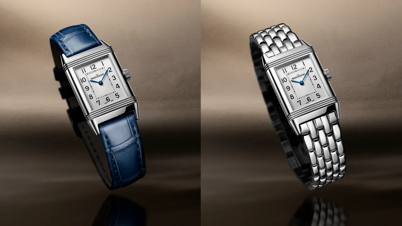 積家REVERSO CLASSIC SMALL MONOFACE翻轉系列腕錶小型款，35.78*21mm，精鋼錶殼，紋理圖案和垂直磨砂錶盤，藍色鱷魚皮錶帶或精鋼錶鍊，846型手動上鏈機械機芯，動力儲存50小時，防水深度30米，左圖26萬8000元、右圖30萬元。品牌提供