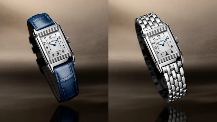 積家REVERSO CLASSIC SMALL MONOFACE翻轉系列腕錶小型款，35.78*21mm，精鋼錶殼，紋理圖案和垂直磨砂錶盤，藍色鱷魚皮錶帶或精鋼錶鍊，846型手動上鏈機械機芯，動力儲存50小時，防水深度30米，左圖26萬8000元、右圖30萬元。品牌提供