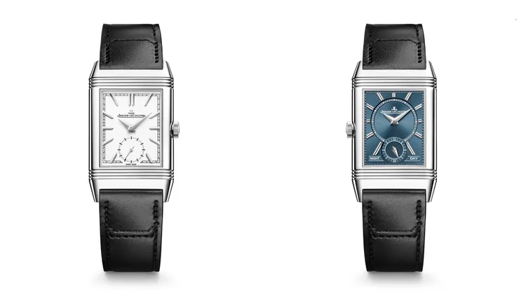 積家REVERSO TRIBUTE DUOFACE SMALL SECONDS翻轉系列雙面雙時區小秒針腕錶（中等尺寸），42.9*25.5mm，精鋼錶殼，正面銀色乳光錶盤，背面太陽放射狀緞面打磨刷藍色漆面錶盤，黑色小牛皮錶帶，854型手動上鏈機械機芯，動力儲存42小時，防水深度30米，47萬元。品牌提供