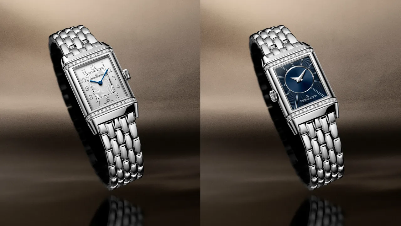 積家REVERSO CLASSIC SMALL DUETTO翻轉系列雙面腕錶小型款，34.2*21mm，精鋼錶殼（兩面均鑲嵌鑽石），紋理圖案和垂直磨砂錶盤，精鋼錶鍊，844型手動上鏈機械機芯，動力儲存50小時，防水深度30米，57萬元。品牌提供