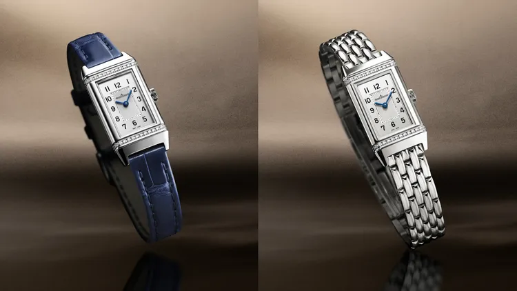 積家REVERSO CLASSIC MONOFACE ‘ORIGIN’翻轉系列腕錶，32.5*16.3mm，精鋼錶殼，銀色錶盤，藍色鱷魚皮錶帶或精鋼錶鍊，657型石英機芯，防水深度30米，左圖23萬、右圖26萬1000元。品牌提供