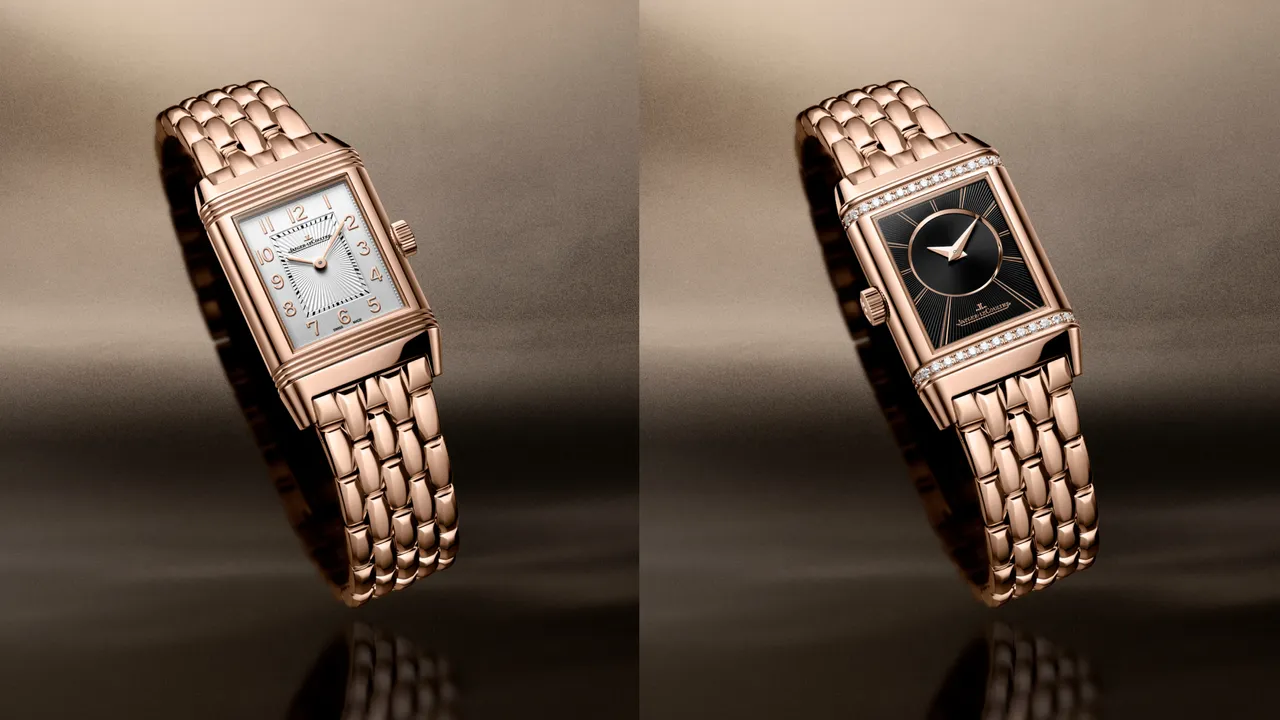 積家REVERSO CLASSIC SMALL DUETTO翻轉系列雙面腕錶小型款，34.2*21mm，18K玫瑰金錶殼（背面鑲嵌鑽石），紋理圖案和垂直磨砂錶盤，18K玫瑰金（750/1000）錶鏈，844型手動上鏈機械機芯，動力儲存50小時，防水深度30米，148萬元。品牌提供