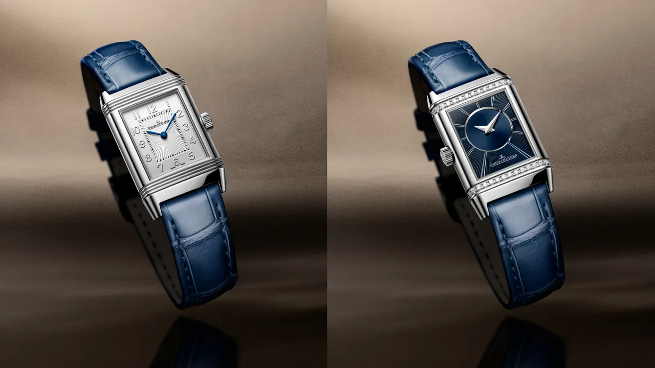積家REVERSO CLASSIC SMALL DUETTO翻轉系列雙面腕錶小型款，34.2*21mm，精鋼錶殼（僅背面鑲嵌鑽石），紋理圖案和垂直磨砂錶盤，藍色鱷魚皮錶帶，844型手動上鏈機械機芯，動力儲存50小時，防水深度30米，41萬6000元。品牌提供