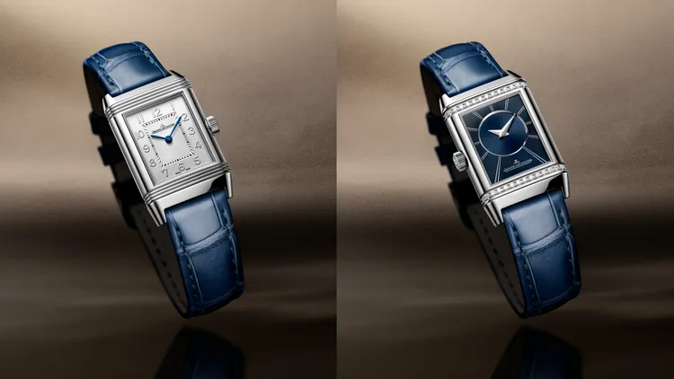 積家REVERSO CLASSIC SMALL DUETTO翻轉系列雙面腕錶小型款，34.2*21mm，精鋼錶殼（僅背面鑲嵌鑽石），紋理圖案和垂直磨砂錶盤，藍色鱷魚皮錶帶，844型手動上鏈機械機芯，動力儲存50小時，防水深度30米，41萬6000元。品牌提供