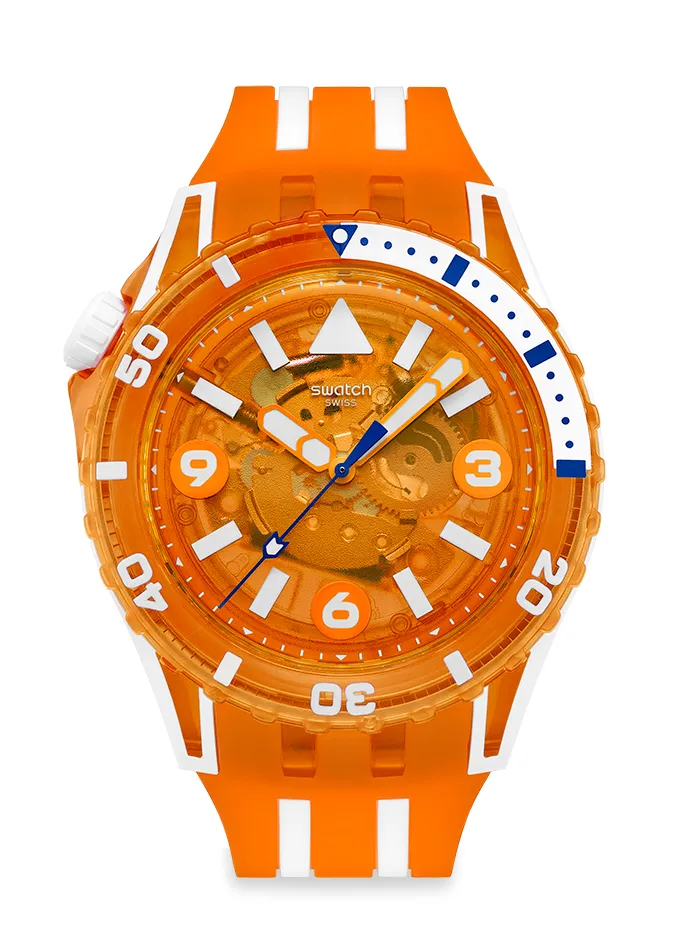 SWATCH SCUBAQUA系列PACIFIC SEA NETTLE腕錶（橘色款），4850元。品牌提供