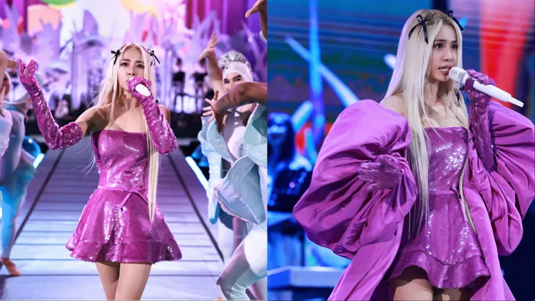 蔡依林以訂製紫色洋裝搭配披風化身芭比娃娃。品牌提供