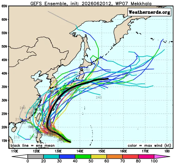米克拉颱風動向難預測，後續對台灣天氣影響仍有高度不確定性，需持續觀察。翻攝weathernerds