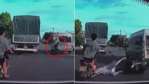 驚悚影片｜急速右偏「沒超到車就自撞」　機車男女慘摔馬上被輾死