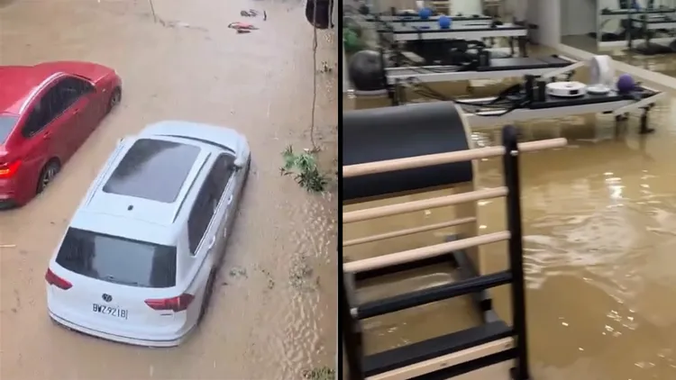 內湖淹水慘況！多輛車泡水倒一排　洪水灌進健身房 (圖輯)