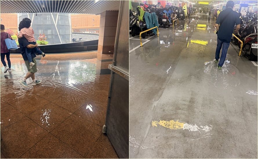 大雨狂炸新北!三峽道路成小河 板橋市府廣場前積水灌進地下停車場
