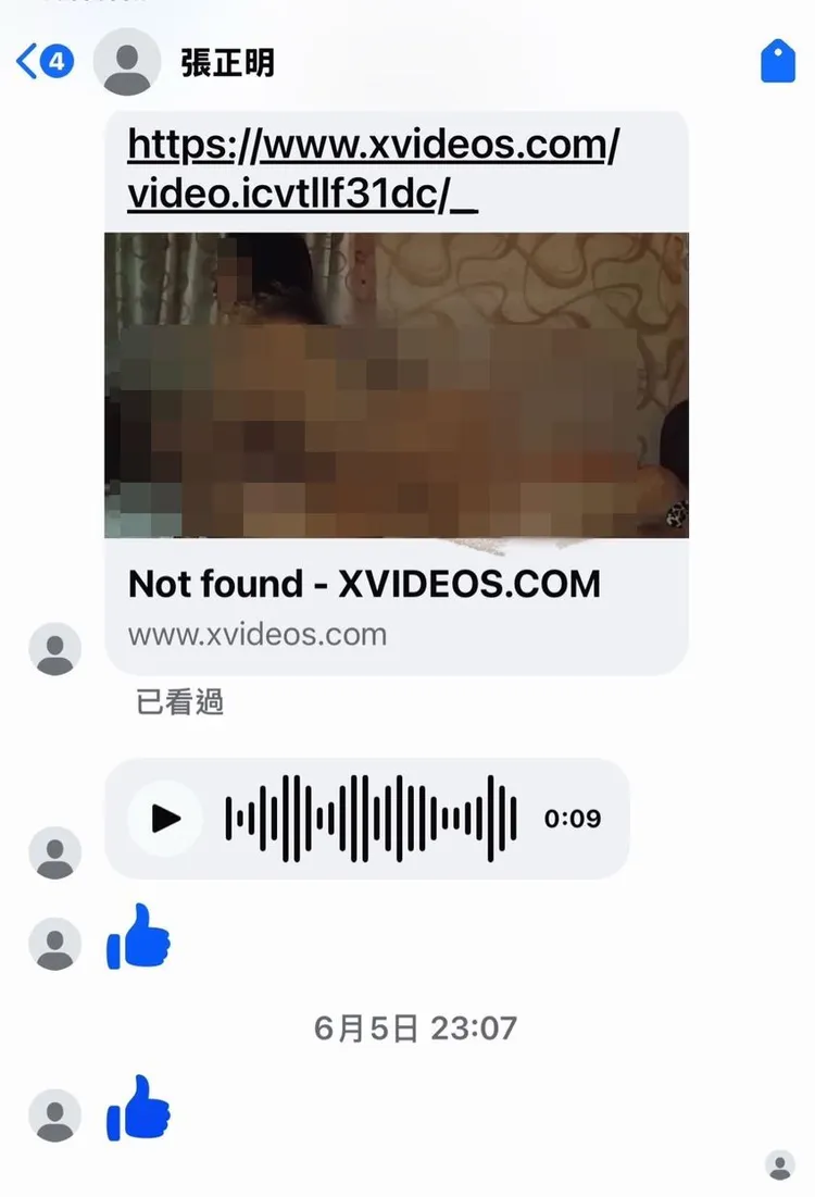 網友傳送成人網站連結及不明喘息聲音檔至黃佳恬粉專即時通訊。黃佳恬服務處提供