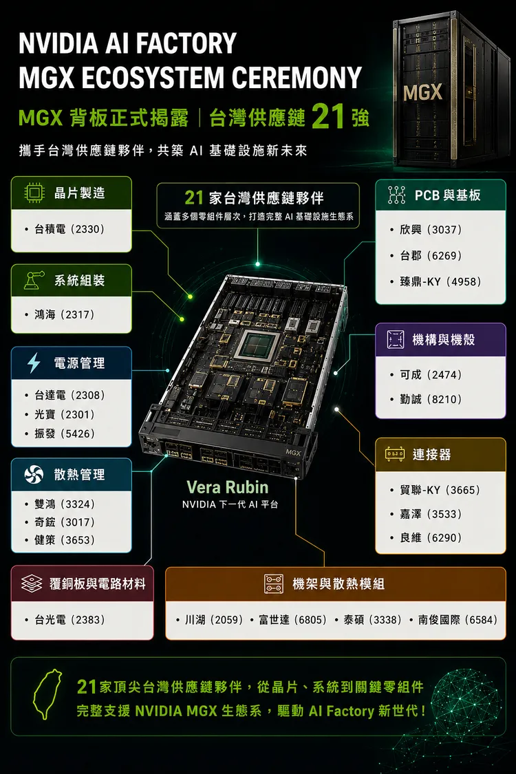 MGX背板正式揭露21家台灣供應鏈夥伴。AI製圖