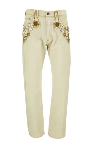 VERSACE La Vacanza刺繡直筒牛仔褲，12萬3500元。品牌提供