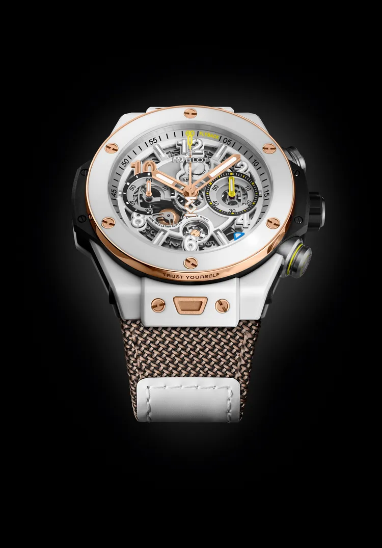 Hublot Big Bang Reloaded姆巴佩限量計時碼錶，44mm，拋光及微噴砂白色陶瓷錶殼，霧面灰色鍍釕處理與白色鏤空錶盤，皇金色調織物錶帶，MHUB1280 UNICO自製
自動上鍊飛返計時機芯，動力儲存72小時，防水深度100米，限量200只，88萬8000元。品牌提供