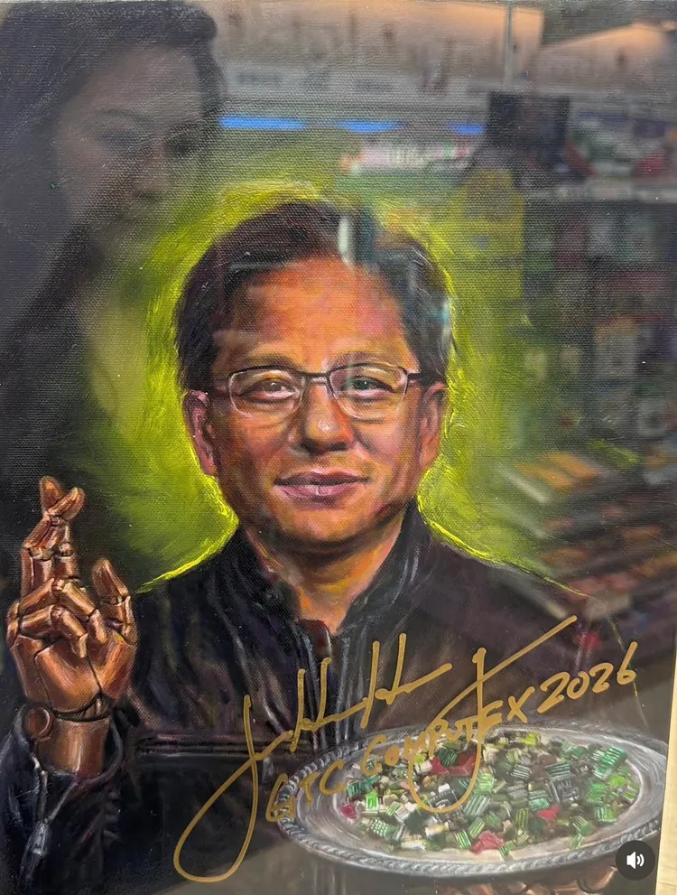 畫作上還放上黃仁勳愛吃的台菜。翻攝自張熙恩IG