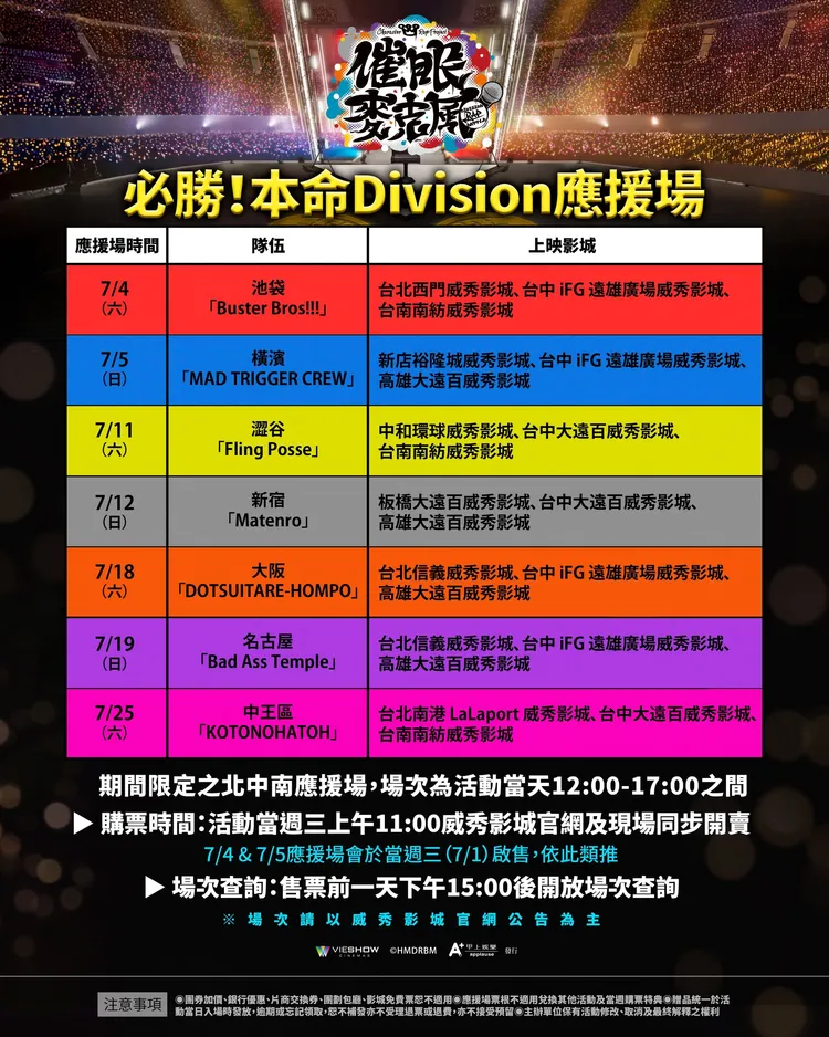 「必勝！本命Division應援場」場次資訊。甲上娛樂提供