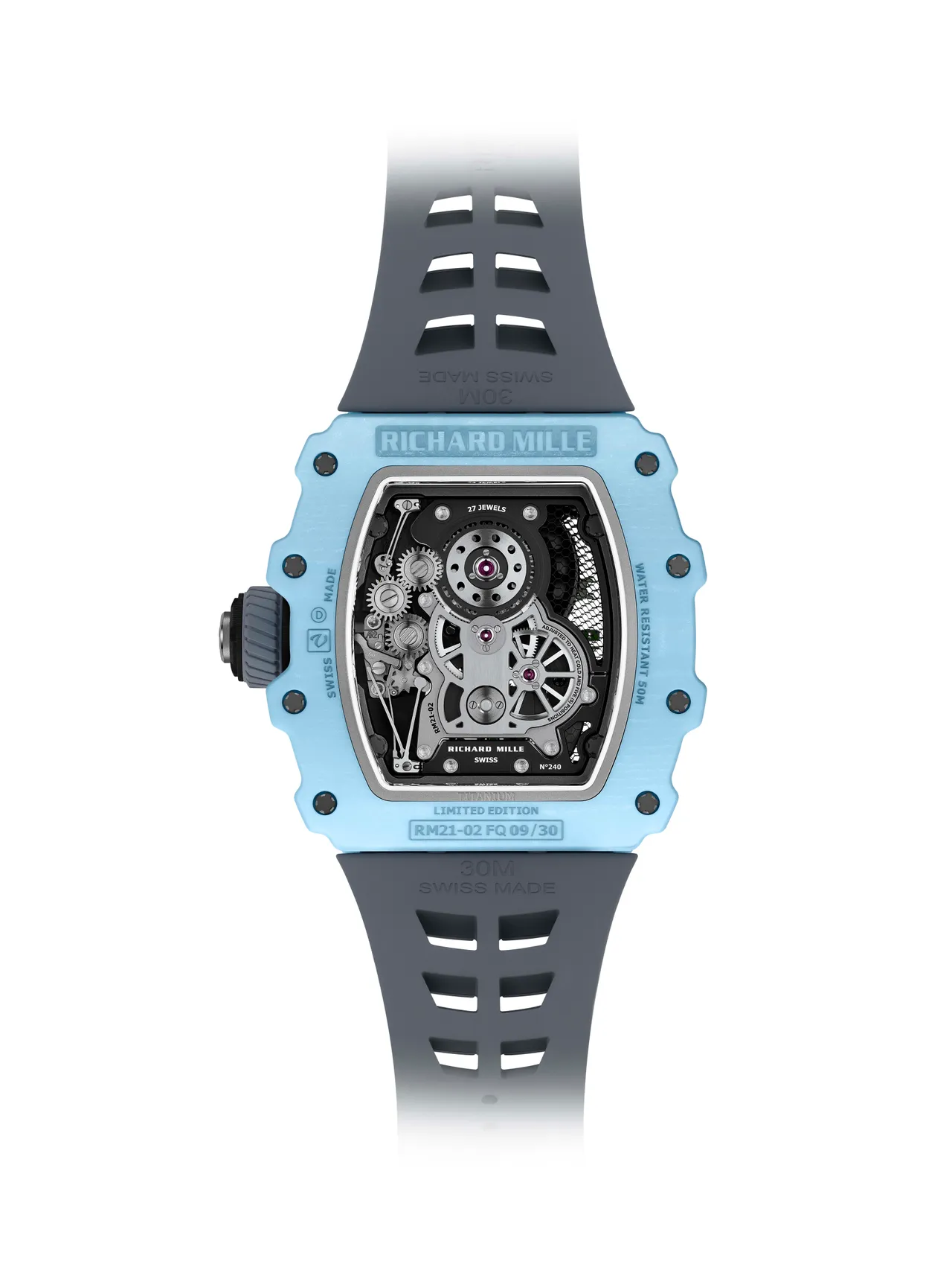 RICHARD MILLE RM 21-02 Aerodyne陀飛輪腕錶三色Quartz TPT石英纖維款，42.68 x 50.12 mm，Quartz TPT石英纖維錶殼，藍寶石水晶錶盤，RM21-02手動上鍊陀飛輪機芯，動力儲存70小時，防水深度50米，限量30只。品牌提供