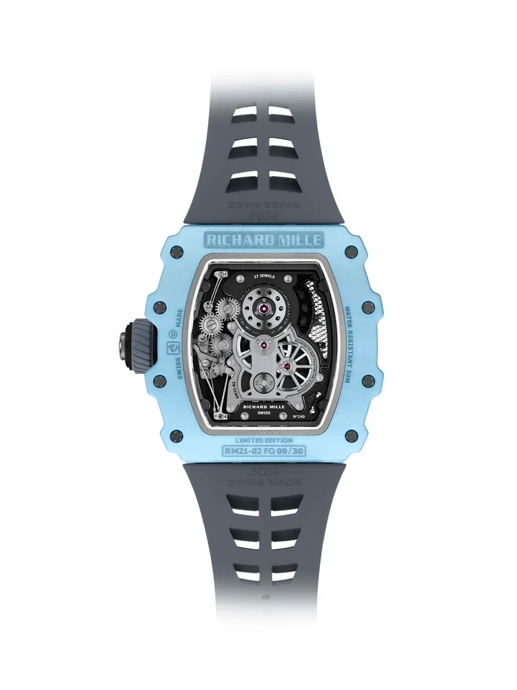 RICHARD MILLE RM 21-02 Aerodyne陀飛輪腕錶三色Quartz TPT石英纖維款，42.68 x 50.12 mm，Quartz TPT石英纖維錶殼，藍寶石水晶錶盤，RM21-02手動上鍊陀飛輪機芯，動力儲存70小時，防水深度50米，限量30只。品牌提供