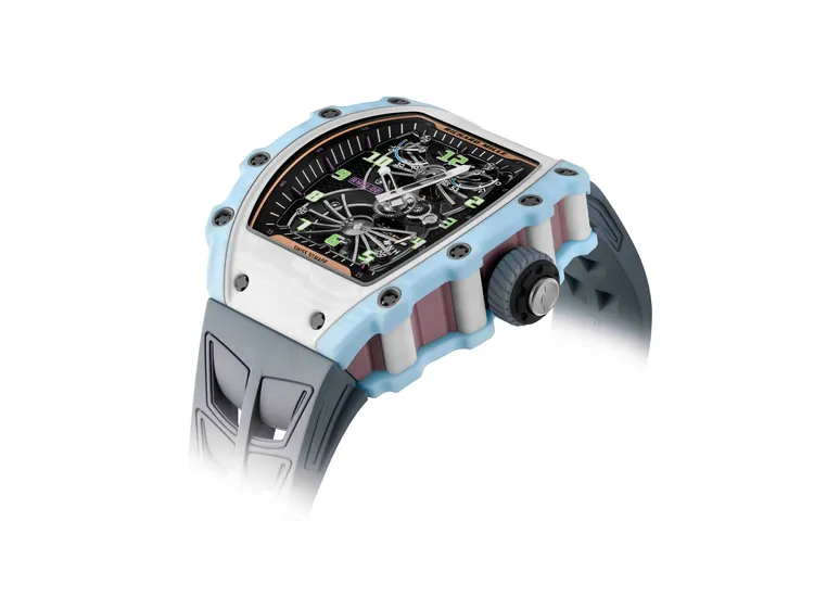 RICHARD MILLE RM 21-02 Aerodyne陀飛輪腕錶三色Quartz TPT石英纖維款，42.68 x 50.12 mm，Quartz TPT石英纖維錶殼，藍寶石水晶錶盤，RM21-02手動上鍊陀飛輪機芯，動力儲存70小時，防水深度50米，限量30只。品牌提供