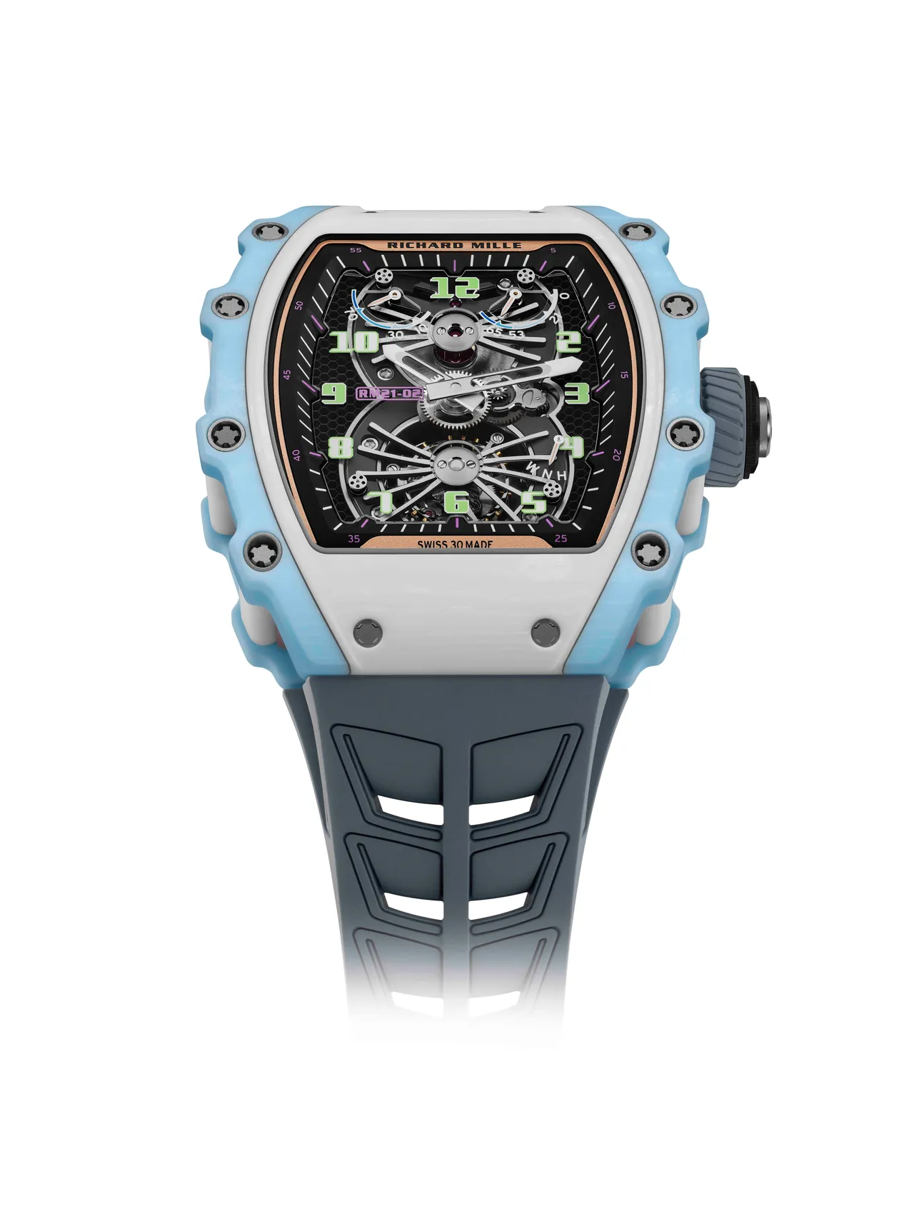 RICHARD MILLE RM 21-02 Aerodyne陀飛輪腕錶三色Quartz TPT石英纖維款，42.68 x 50.12 mm，Quartz TPT石英纖維錶殼，藍寶石水晶錶盤，RM21-02手動上鍊陀飛輪機芯，動力儲存70小時，防水深度50米，限量30只。品牌提供