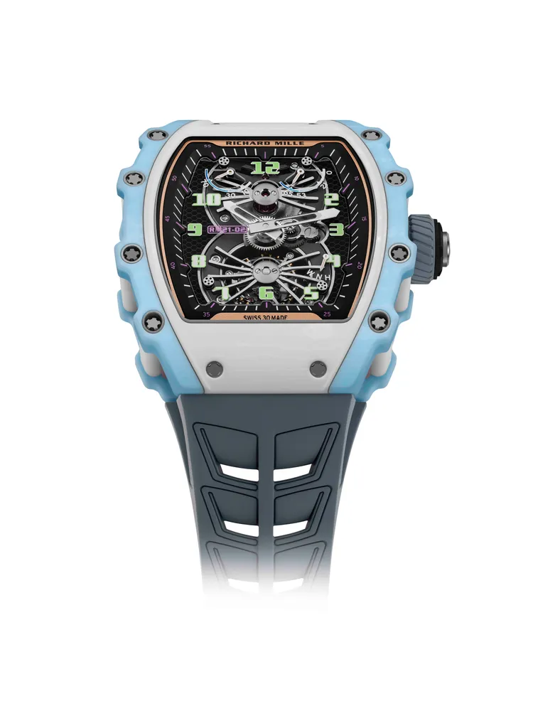 RICHARD MILLE RM 21-02 Aerodyne陀飛輪腕錶三色Quartz TPT石英纖維款，42.68 x 50.12 mm，Quartz TPT石英纖維錶殼，藍寶石水晶錶盤，RM21-02手動上鍊陀飛輪機芯，動力儲存70小時，防水深度50米，限量30只。品牌提供