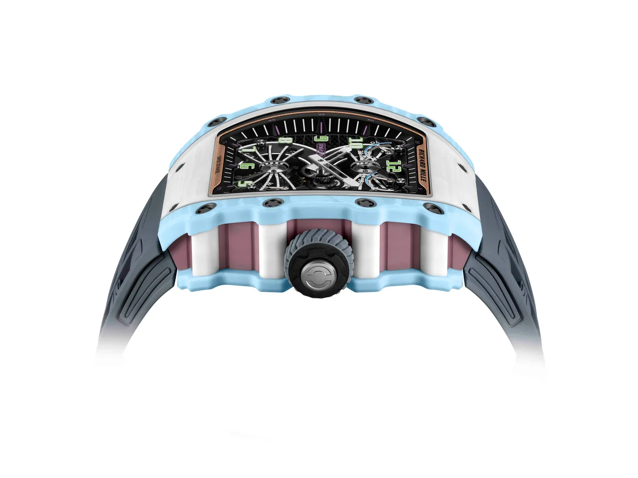 RICHARD MILLE RM 21-02 Aerodyne陀飛輪腕錶三色Quartz TPT石英纖維款，42.68 x 50.12 mm，Quartz TPT石英纖維錶殼，藍寶石水晶錶盤，RM21-02手動上鍊陀飛輪機芯，動力儲存70小時，防水深度50米，限量30只。品牌提供