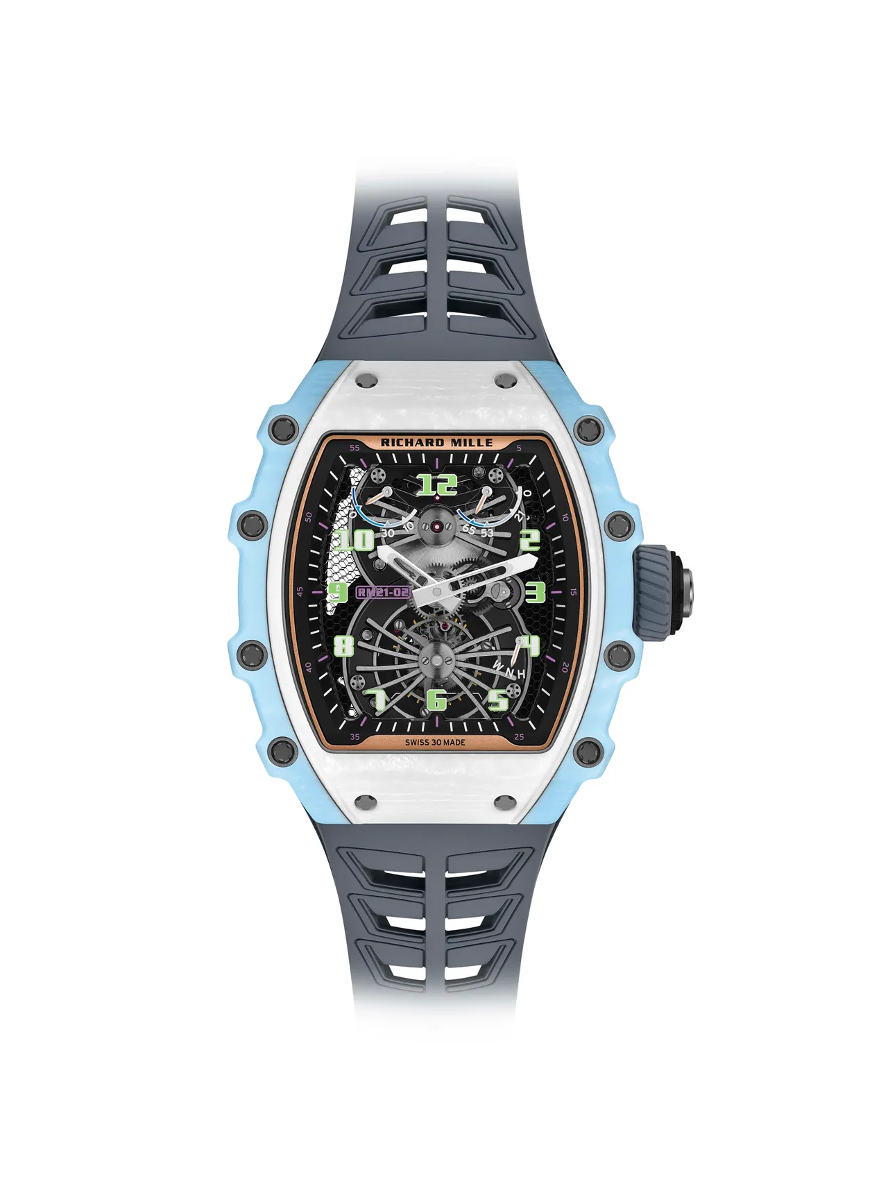 RICHARD MILLE RM 21-02 Aerodyne陀飛輪腕錶三色Quartz TPT石英纖維款，42.68 x 50.12 mm，Quartz TPT石英纖維錶殼，藍寶石水晶錶盤，RM21-02手動上鍊陀飛輪機芯，動力儲存70小時，防水深度50米，限量30只。品牌提供