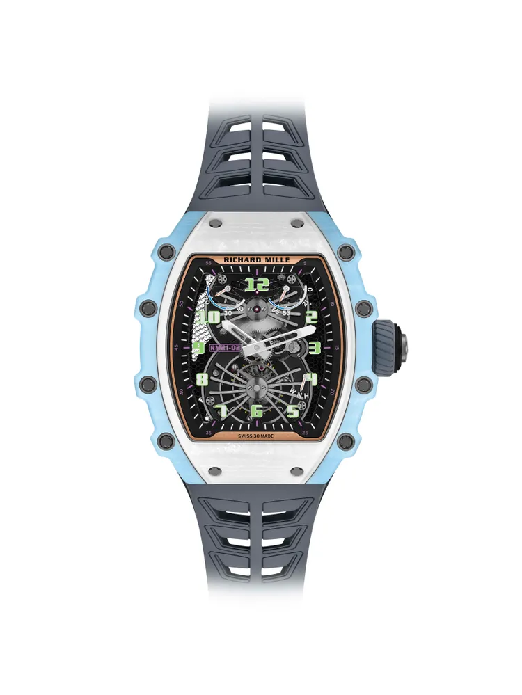 RICHARD MILLE RM 21-02 Aerodyne陀飛輪腕錶三色Quartz TPT石英纖維款，42.68 x 50.12 mm，Quartz TPT石英纖維錶殼，藍寶石水晶錶盤，RM21-02手動上鍊陀飛輪機芯，動力儲存70小時，防水深度50米，限量30只。品牌提供