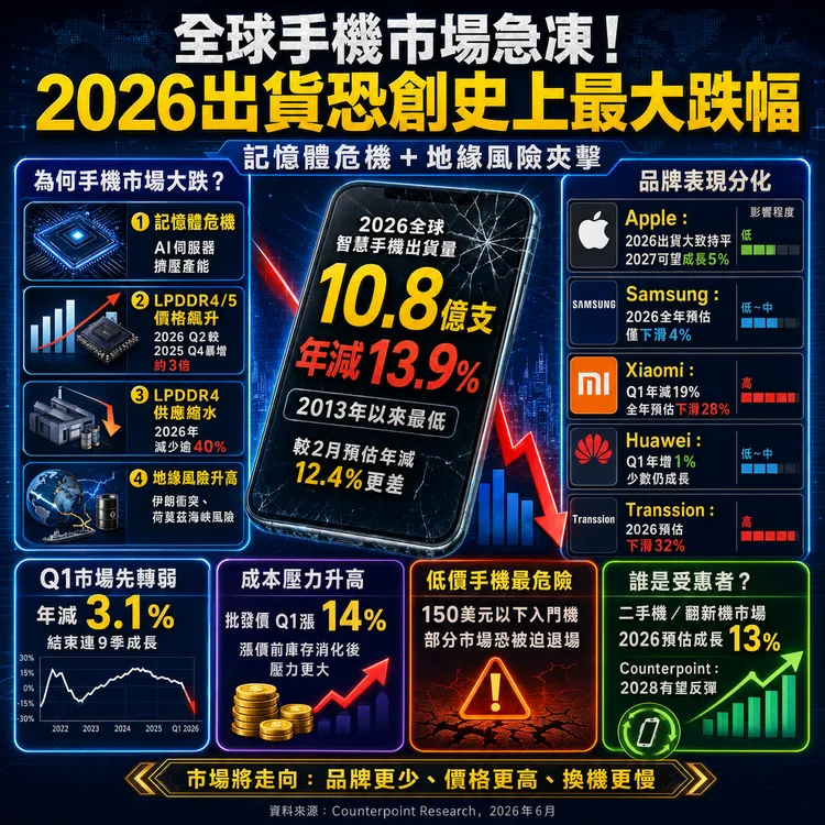 研調機構Counterpoint Research預估，2026年全球智慧手機出貨量將年減13.9%至10.8億支，創2013年以來最低水準，低價手機品牌首當其衝，蘋果與三星則相對抗跌。AI製圖
