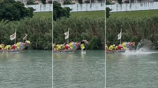 傻眼影片｜龍舟賽將衝線　奪標手竟前翻摔進水裡