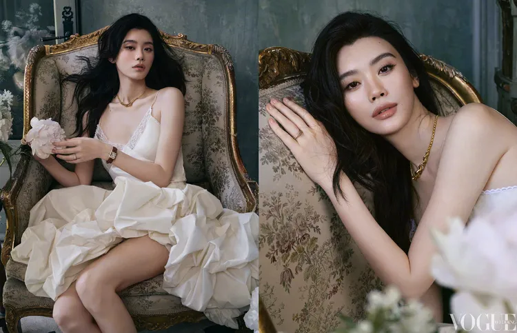 奚夢瑤穿著Magda Butrym宮廷感細肩帶蕾絲澎澎裙。翻攝《VOGUE》微博