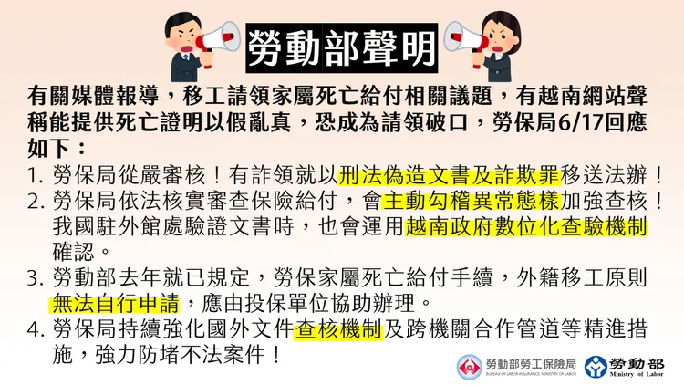 移工請領家屬死亡給付相關議題聲明。勞動部提供