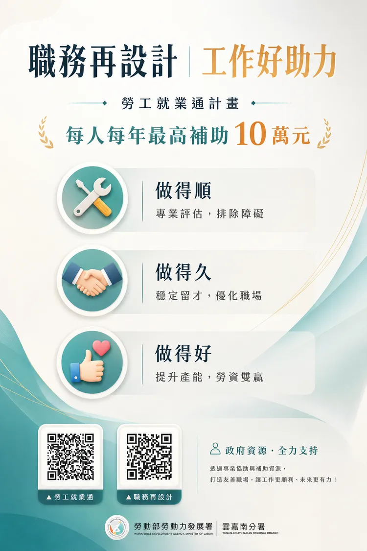 職務再設計方案每人每年最高補助10萬元。雲嘉南分署提供